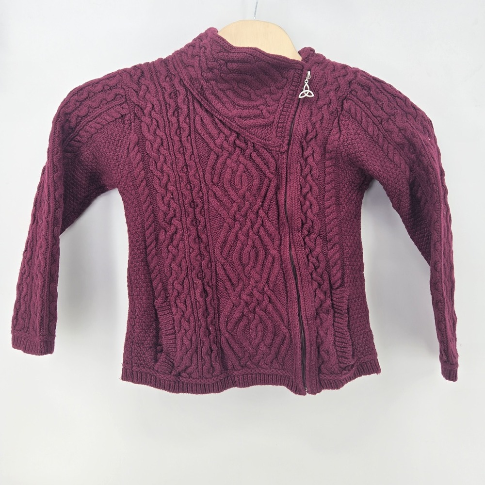 Aran Sweater Market Knit Coat Cardigan Sml Celtic Knot Side Zip Merino Wool READ